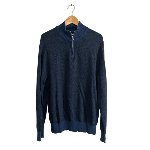 BONOBOS Merino Wool 1/4 Zip Sweater Blue Gray Herringbone Size Med - Picture 1 of 8
